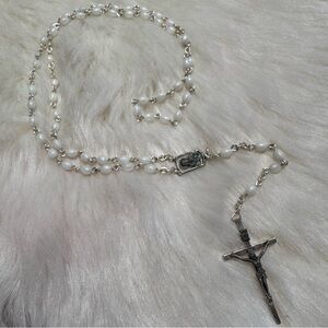 Vintage Rosary Necklace Italy White Pearl Look Beads Silver Tone Crucifix